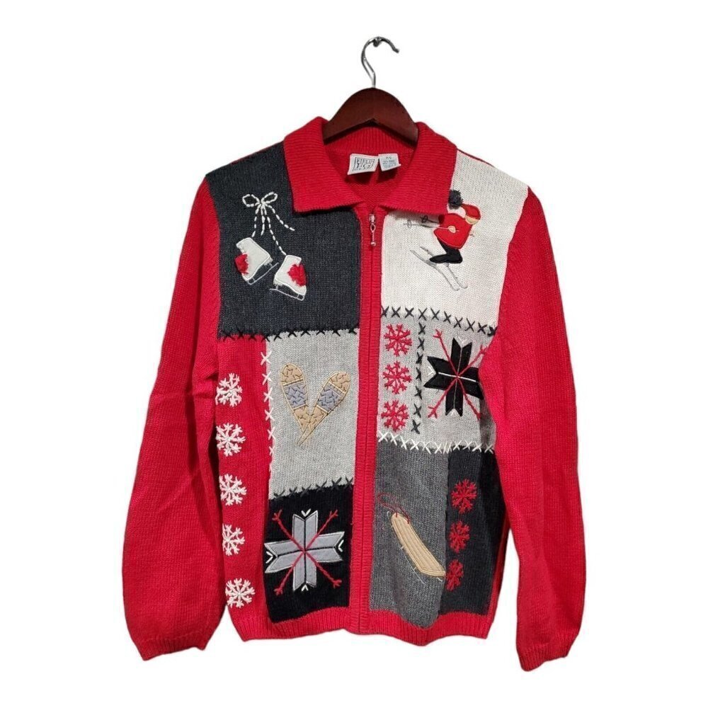 Field Gear Women's Red Full-Zip Sweater Winter Embroidered Holiday Ski Sz P/S